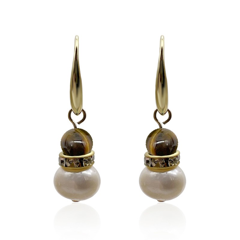 Tiger Eye & Freshwater Pearl Gold Plated Drop Earrings