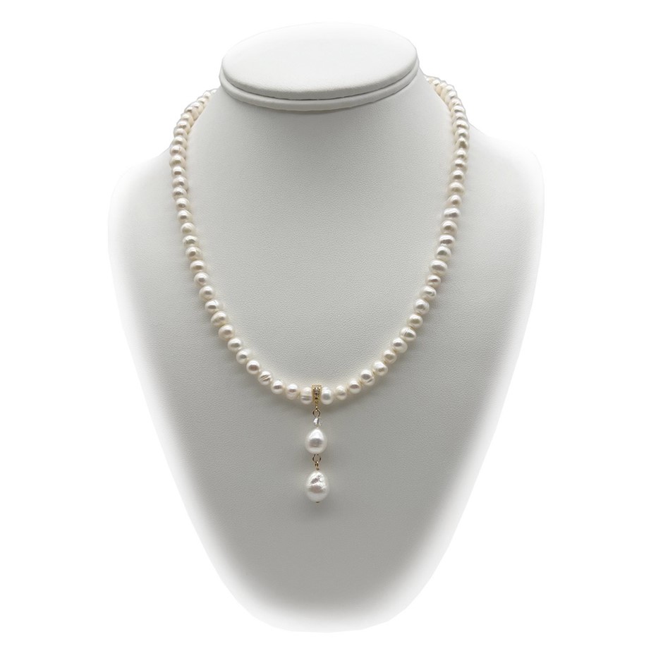 5-6mm White Freshwater, Baroque Pearl Necklace Swarovski® Crystal.