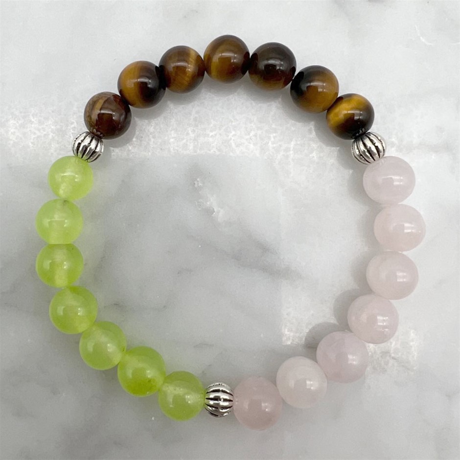 Rose Quartz, Light Green Jade & Tiger Eye Stretch Beaded Bracelet
