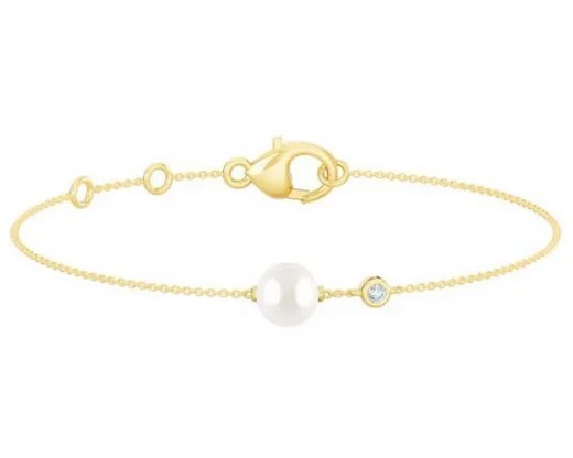 9K YELLOW GOLD 0.03ct FVS LAB DIAMOND FW PEARL BRACELET 17-19cm