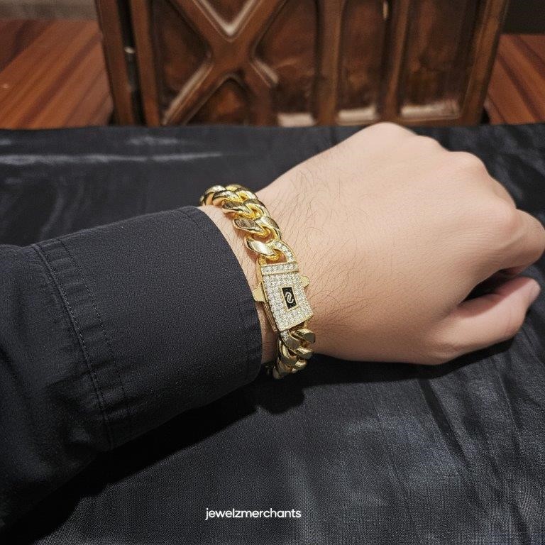 18K/Italy Triple Solid Yellow Gold Plated Cuban Bracelet -20.5cm-14mm