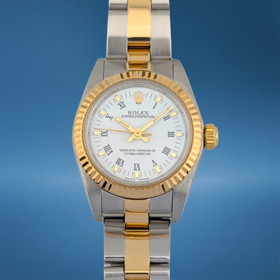 Rolex 76193 Oyster Perpetual Two-Tone White Roman Dial 24mm P-Serial BxP
