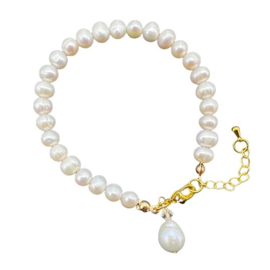 5-6mm White & Baroque Pearl Pendant Charm Bracelet