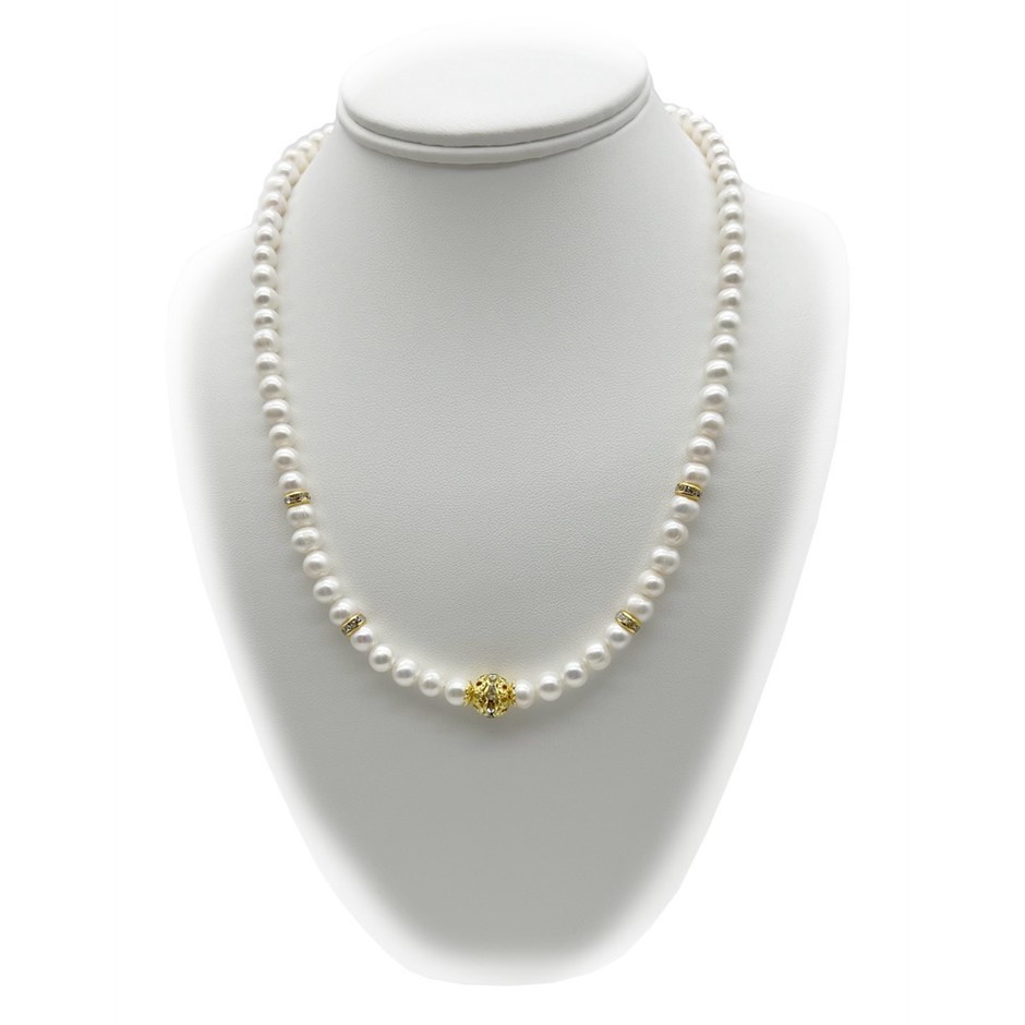 7-8mm White Pearls & Rhinestone Gold Plated Necklace