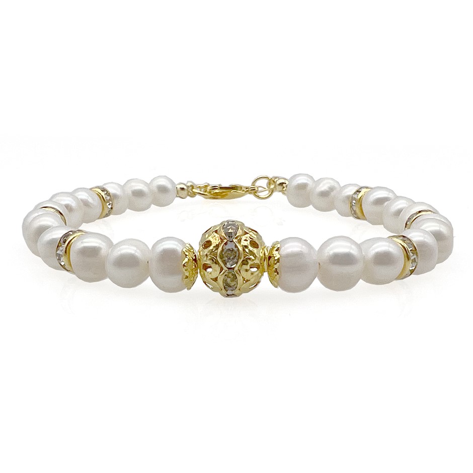 7-8mm White Pearls & Rhinestone Gold Plated Bracelet