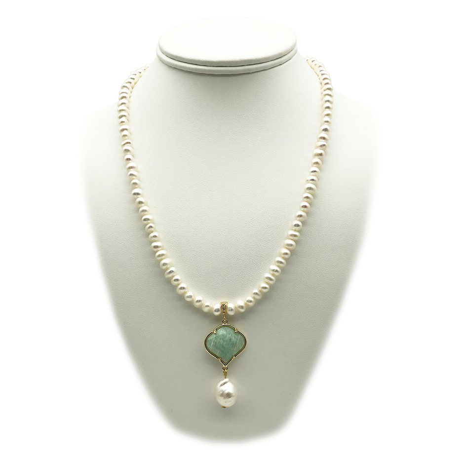 6-7mm White & Baroque Pearl with Amazonite Pendant Charm Necklace