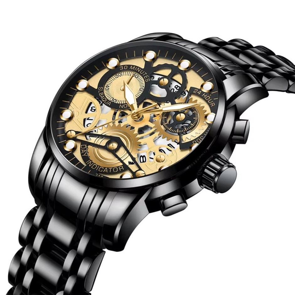 Men's Quartz Watch, Skeleton Design & Mechanical Style, Black/Gold