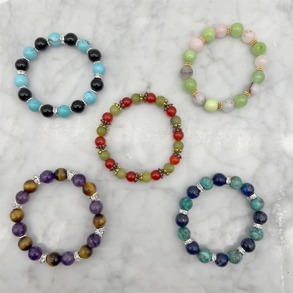 Exotic 8-10mm Gemstone & Rhinestone Spacer Stretch Beaded Bracelets - 5 Pcs