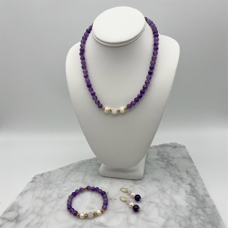 Amethyst, Rose Quartz, Freshwater Pearls & Antique Gold Spacers Set