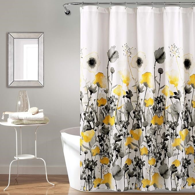 2 X LUSH DECOR Yellow and Gray Zuri Flora Shower Curtain-Fabric Watercolor