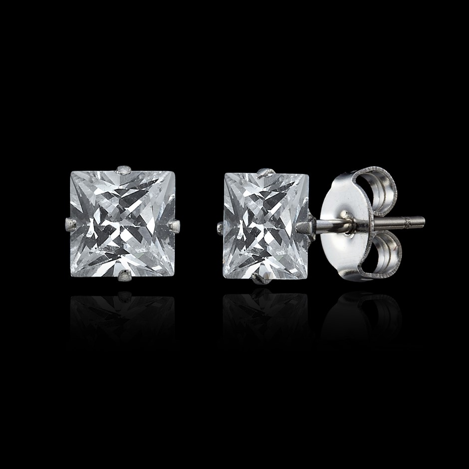 925 Sterling Silver 6mm Square Stud Earrings Feat. 2 Crystals by Swarovski