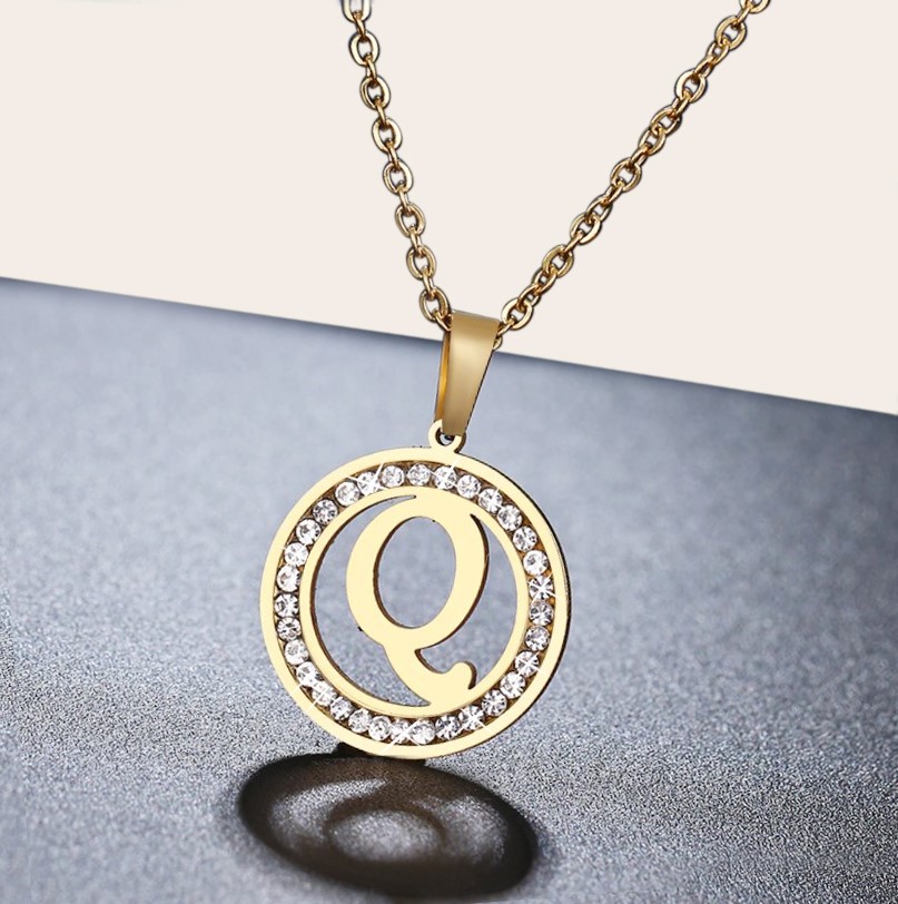 Stainless Steel Initial 'Q' Necklace with Simulated Diamonds - Yellow