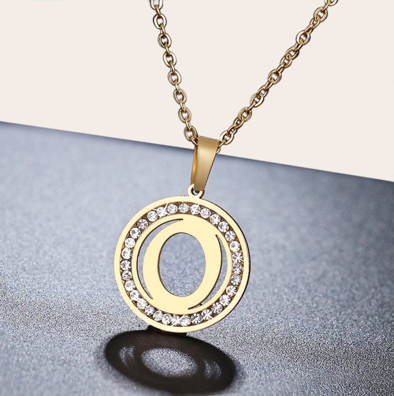Stainless Steel Initial 'O' Necklace with Simulated Diamonds - Yellow