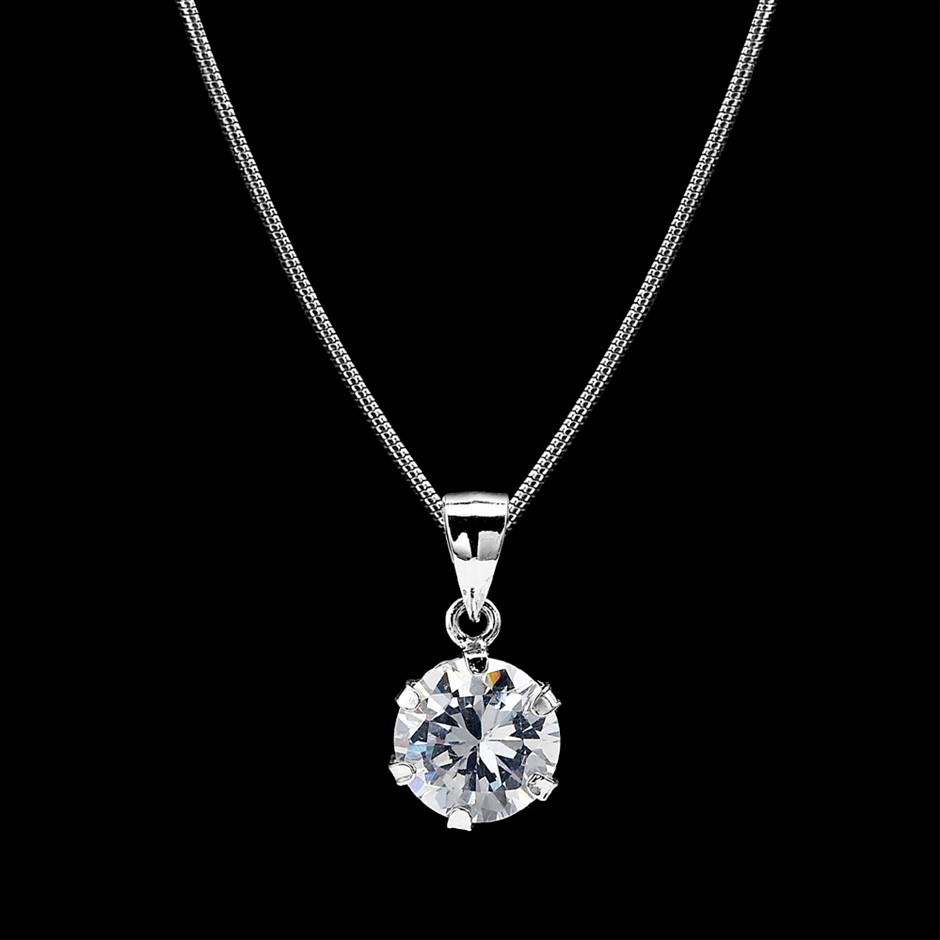 Solid 925 Sterling Silver 8mm Round Pendant Featuring a Crystal
