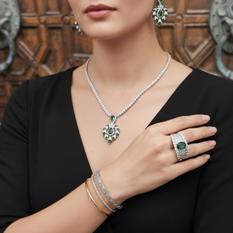 4pcs x 18K Stamped White Gold Filled Bangle & Ring & Earring & Necklace