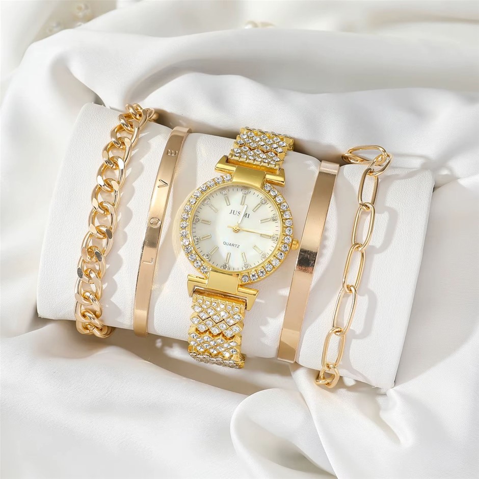 5PCS Crystal Encrusted Watch & Bracelets Set, Gold