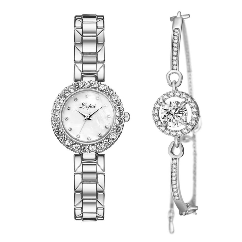 Fashionable Crystal Quartz Watch and Bracelet Set, Silver/White