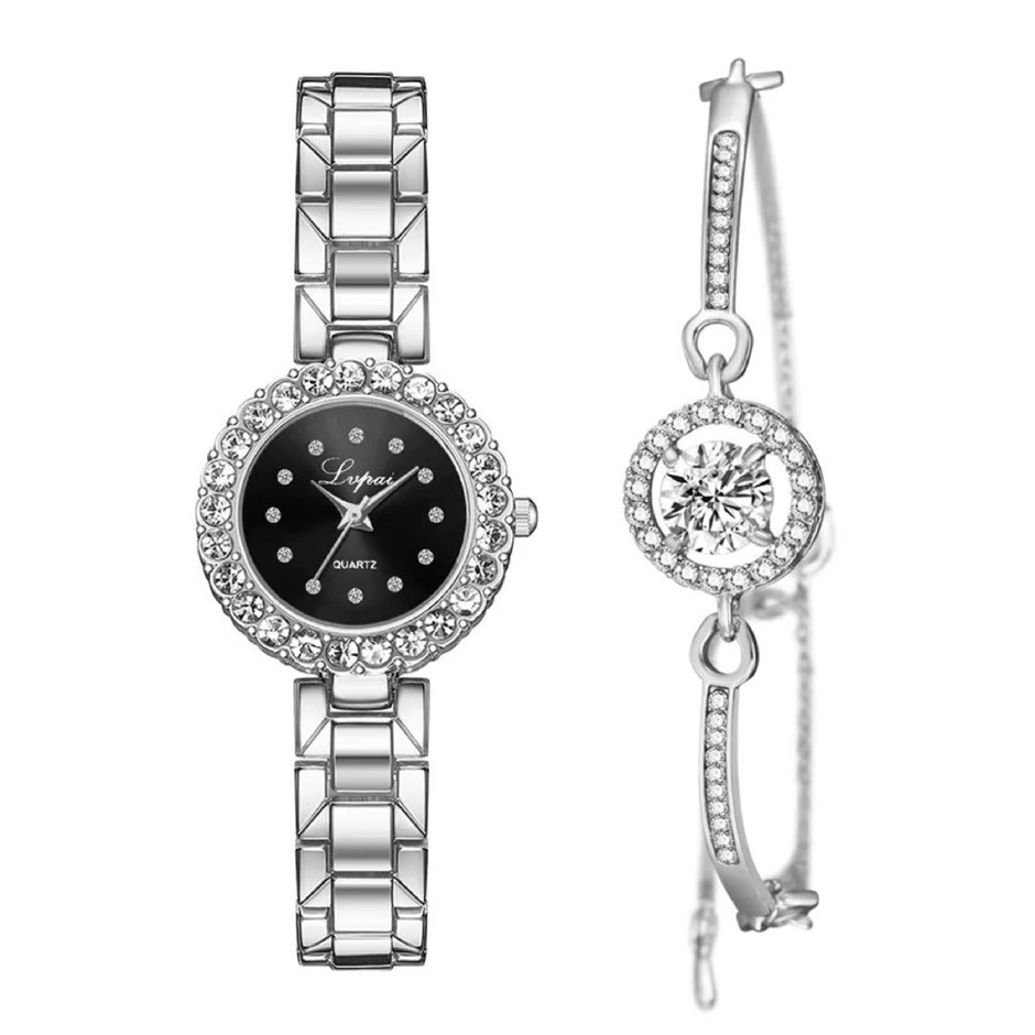 Fashionable Crystal Quartz Watch and Bracelet Set, Silver/Black