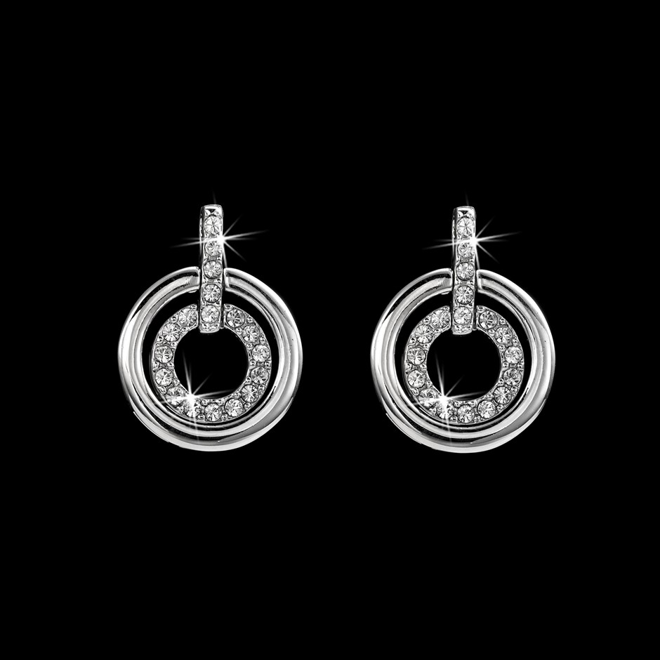Solid 925 Sterling Silver Double Circle Earrings Featuring 36 Crystals