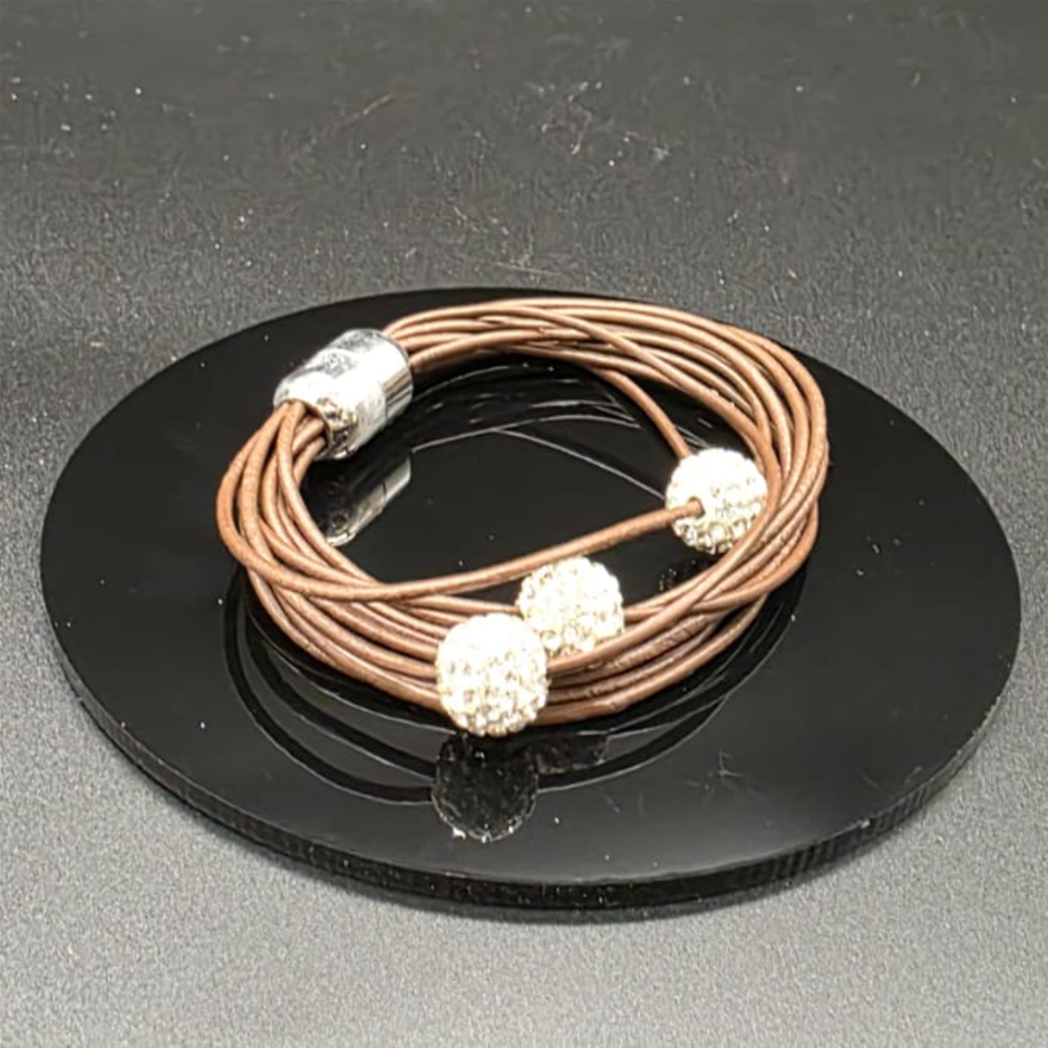 Designer Simulated Diamond Triple Ball Bracelet with Multi Brown Bands