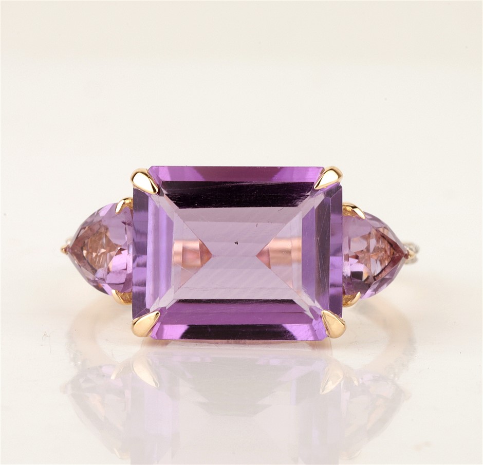 Yellow Gold Natural Amethyst & Diamond Ring with Valuation