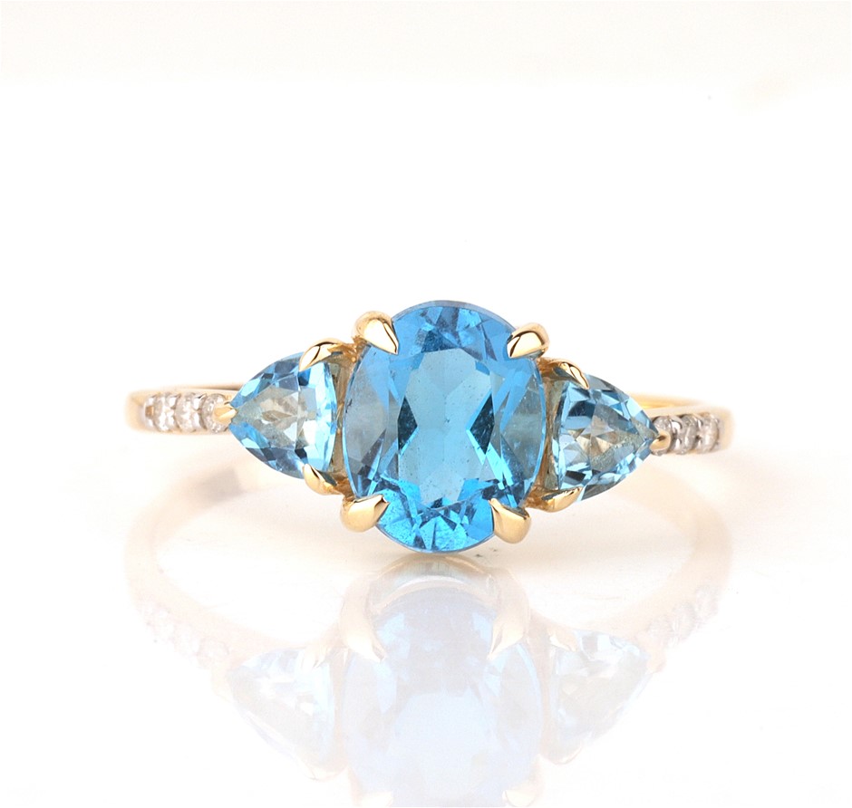 Yellow Gold Natural Swiss Blue Topaz  & Diamond Ring  with Valuation