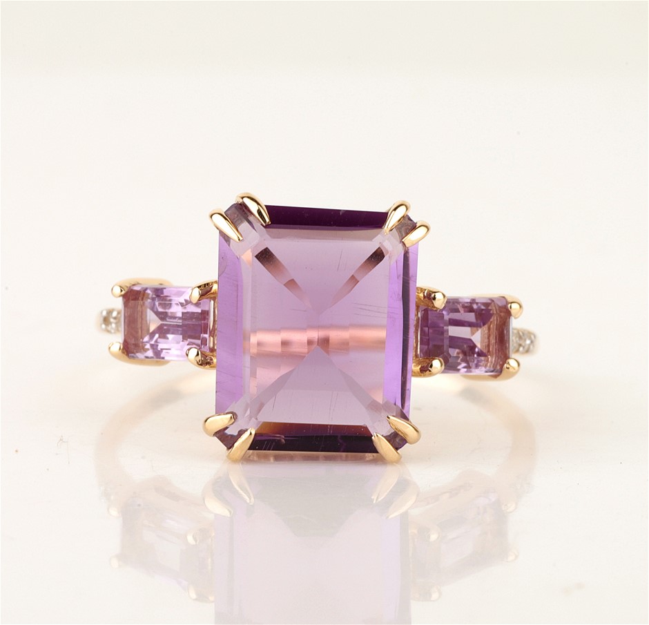 Yellow Gold Natural Amethyst & Diamond Ring with Valuation