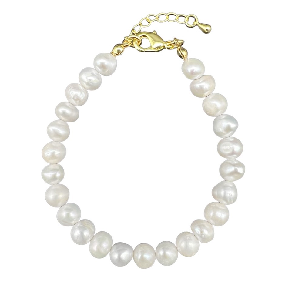 Mix Shape 7-8mm White Pearls 18k Gold Plated Bracelet.