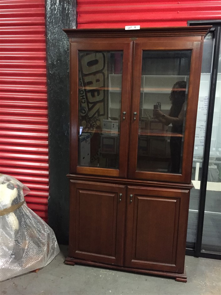 Bridgeton Dark Timber Cabinet with Double Glass Doors, Brass Handles