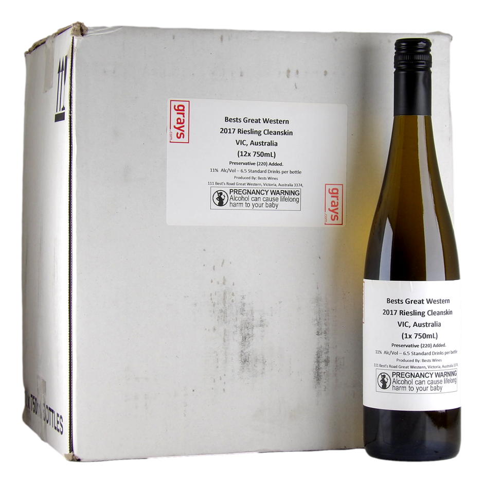 Best`s Wines Great Western Cleanskin Riesling 2017 (12x 750mL), VIC