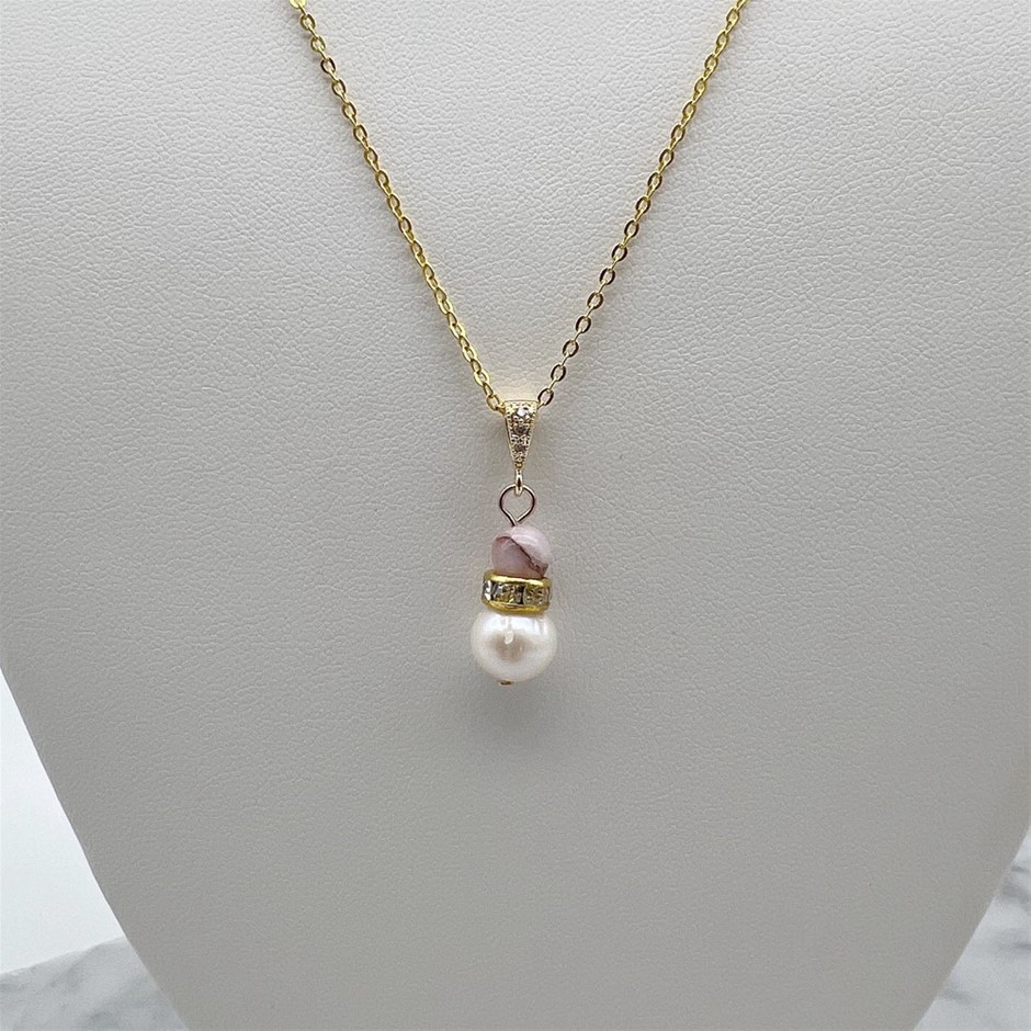 Pearl & Cherry Blossom Jasper Gemstone Gold Plated Pendant Necklace