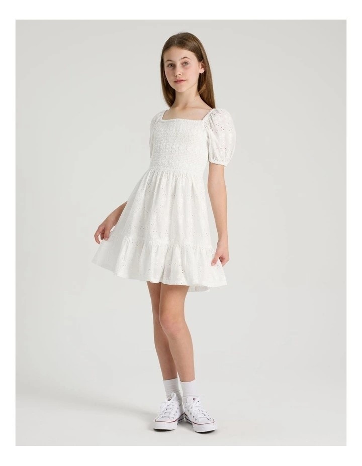 TILII Linen Shirred Puff Sleeve Dress. Size: 9. White.
