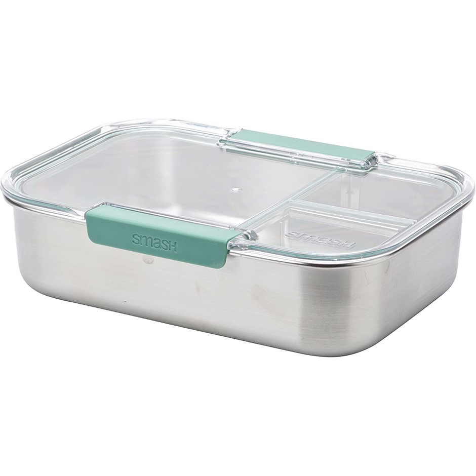 SMASH Stainless Steel Bento Lunch Box, 3 Compartments, Sage, 1200ml.