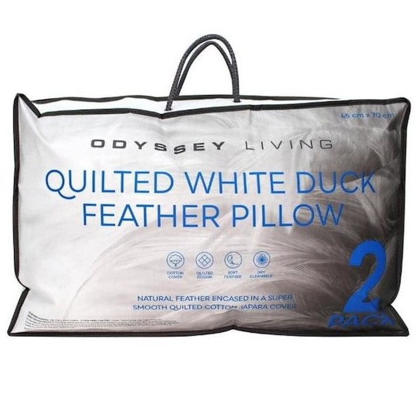 ODYSSEY LIVING 2 Pack Quilted White Duck Feather Pillow, 45 x 70cm.