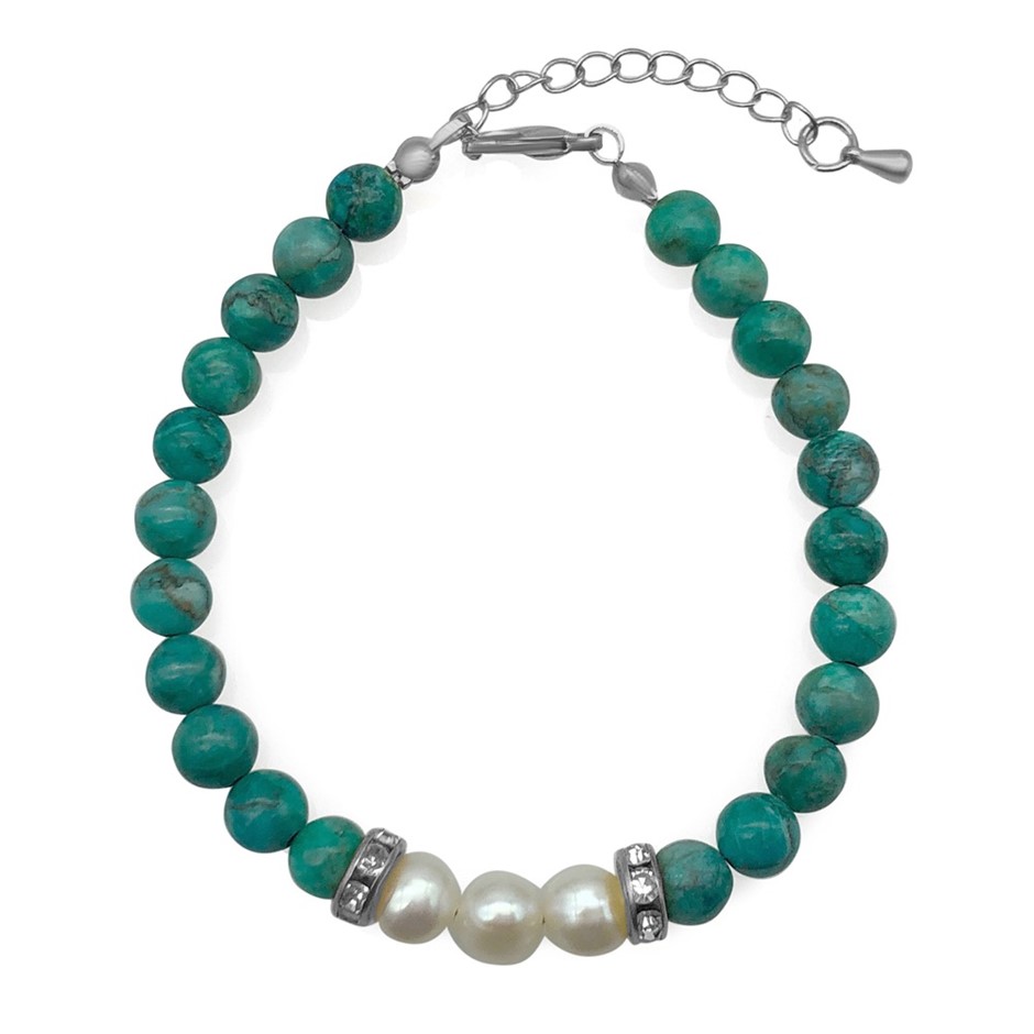 7-8mm Pearl & African Jasper Turquoise with Real Platinum Plated Bracelet