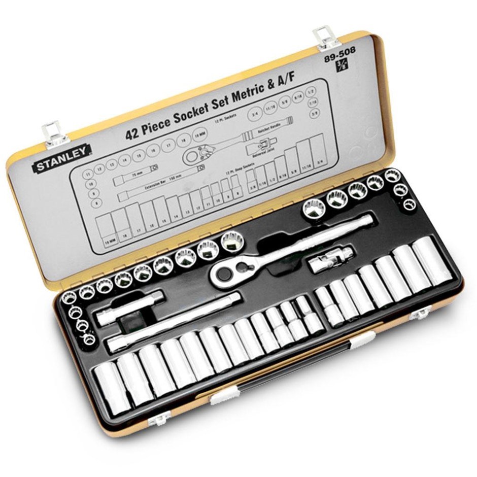 STANLEY 42 Piece Socket Set, 3/8" Drive Met/ AF. NB: Missing Ratchet Handle