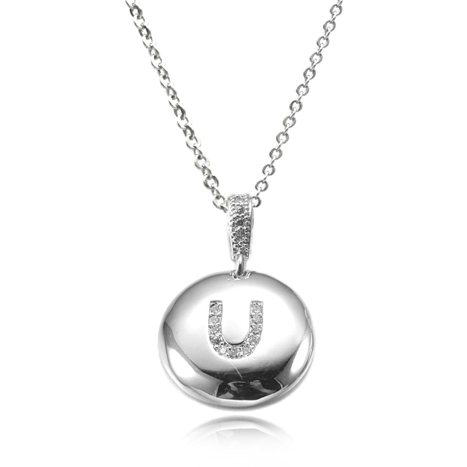 Letter 'U' Platinum Plated with CZ Pendant Necklace