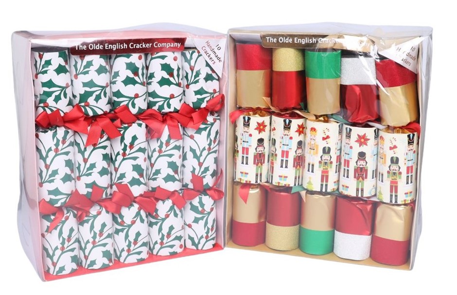 2 x THE OLDE ENGLISH COMPANY Pack of 10pc Hand-Made Christmas Crackers, Gre