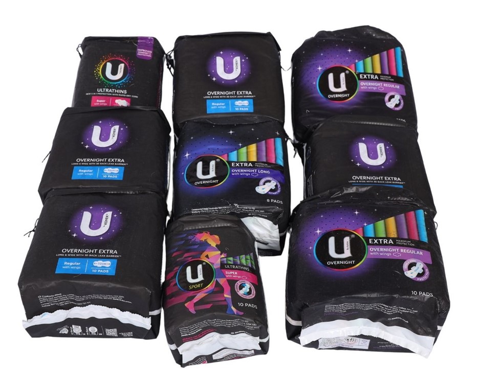 9 x Assorted U BY KOTEX Hygiene Pads Packs. N.B: Damaged packaging.