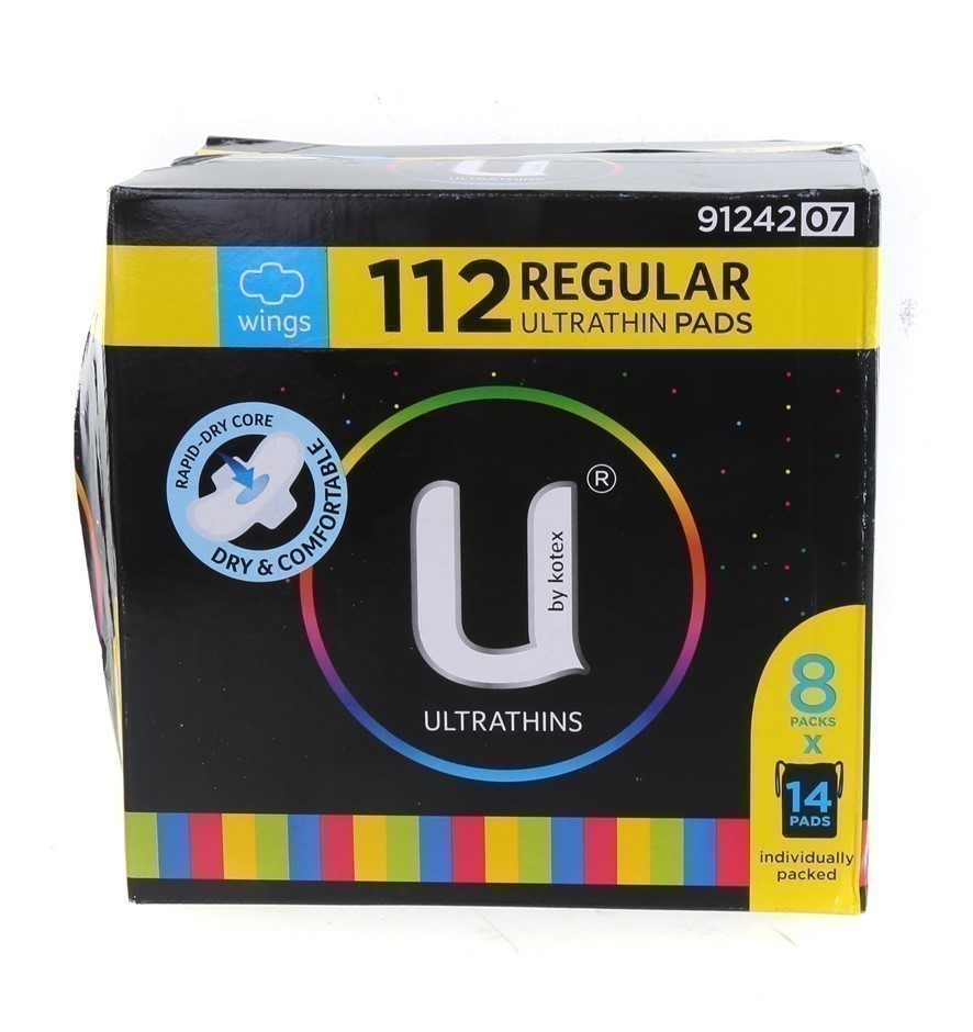 U BY KOTEX 112pk Regular Ultra Thin Pads w/ Wings. N.B. Damaged packaging.