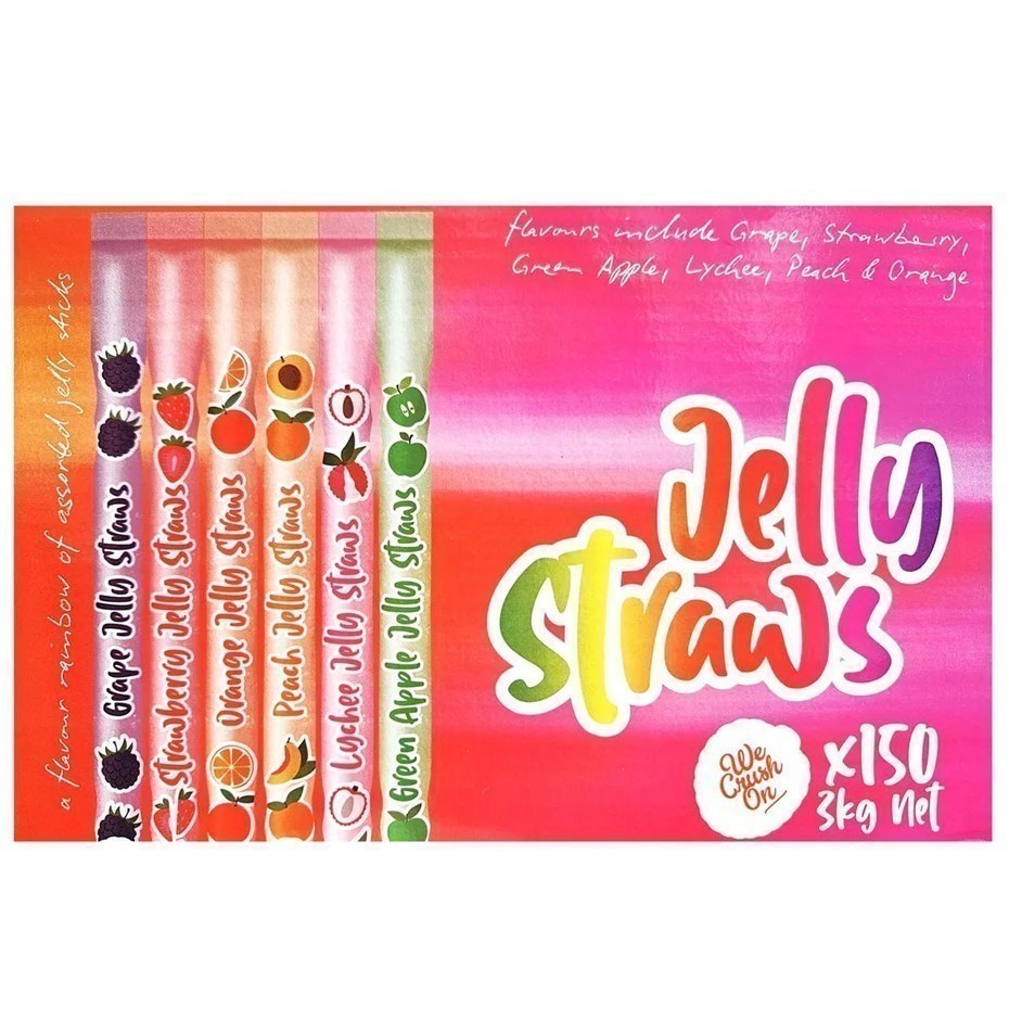 2 x Box of 150pc WE CRUSH ON Jelly Straws, Assorted Fruit Flavours, 3kg. N.