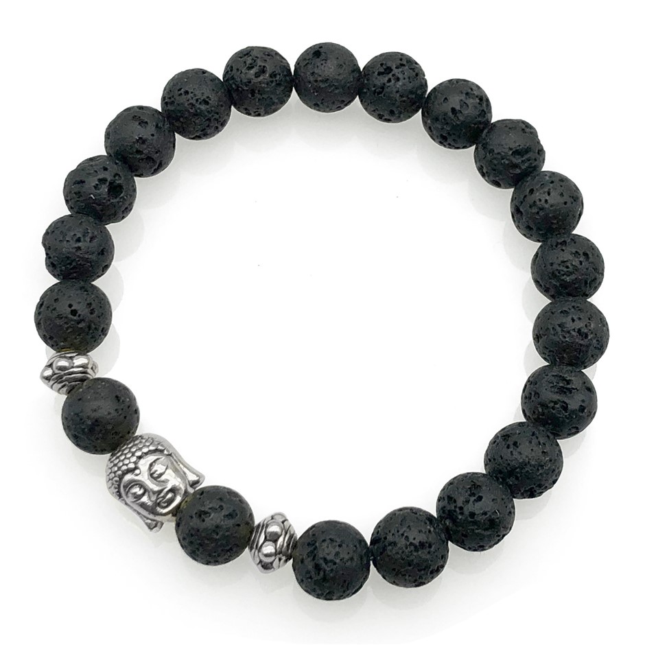 8mm Lava & Antique Silver Buddha Charm Beaded Bracelet