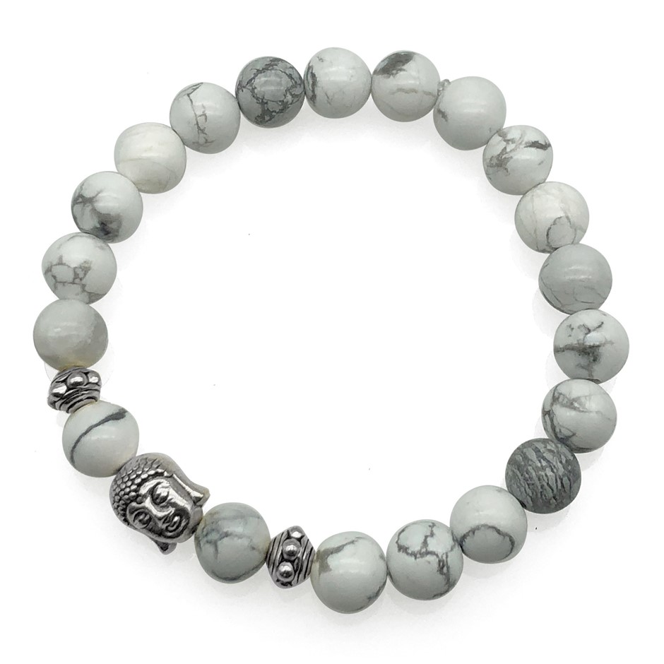 8mm Howlite & Antique Silver Buddha Charm Beaded Bracelet