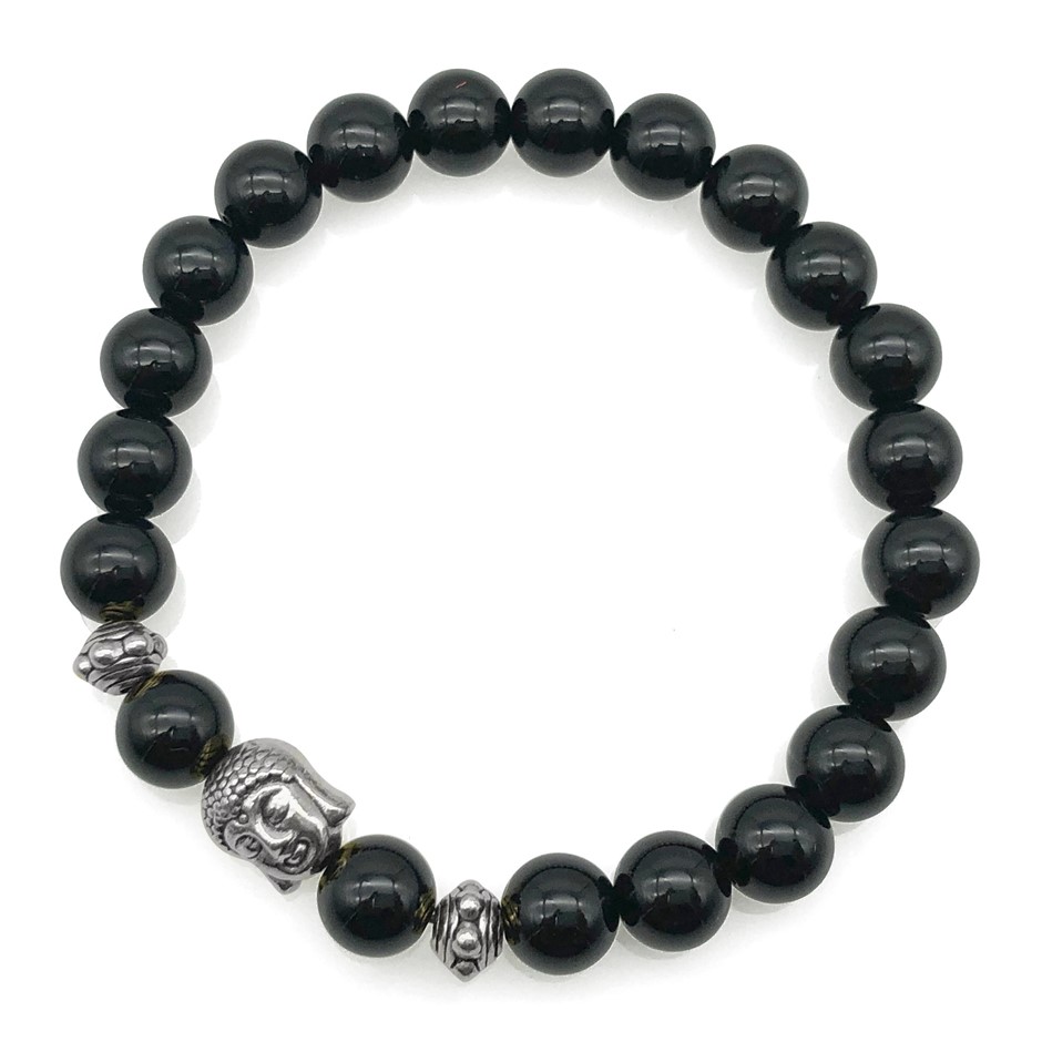 8mm Black Agate & Antique Silver Buddha Charm Beaded Bracelet