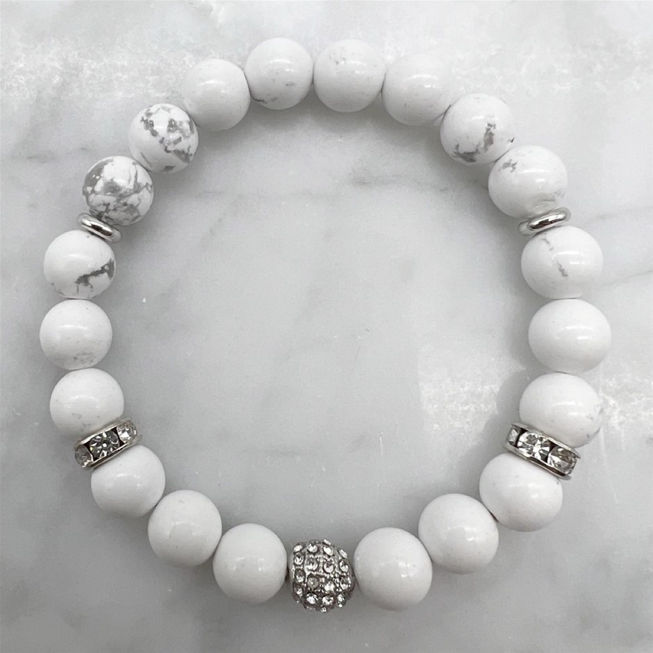8mm Howlite with Rhinestones Platinum Plated Beaded Bracelet