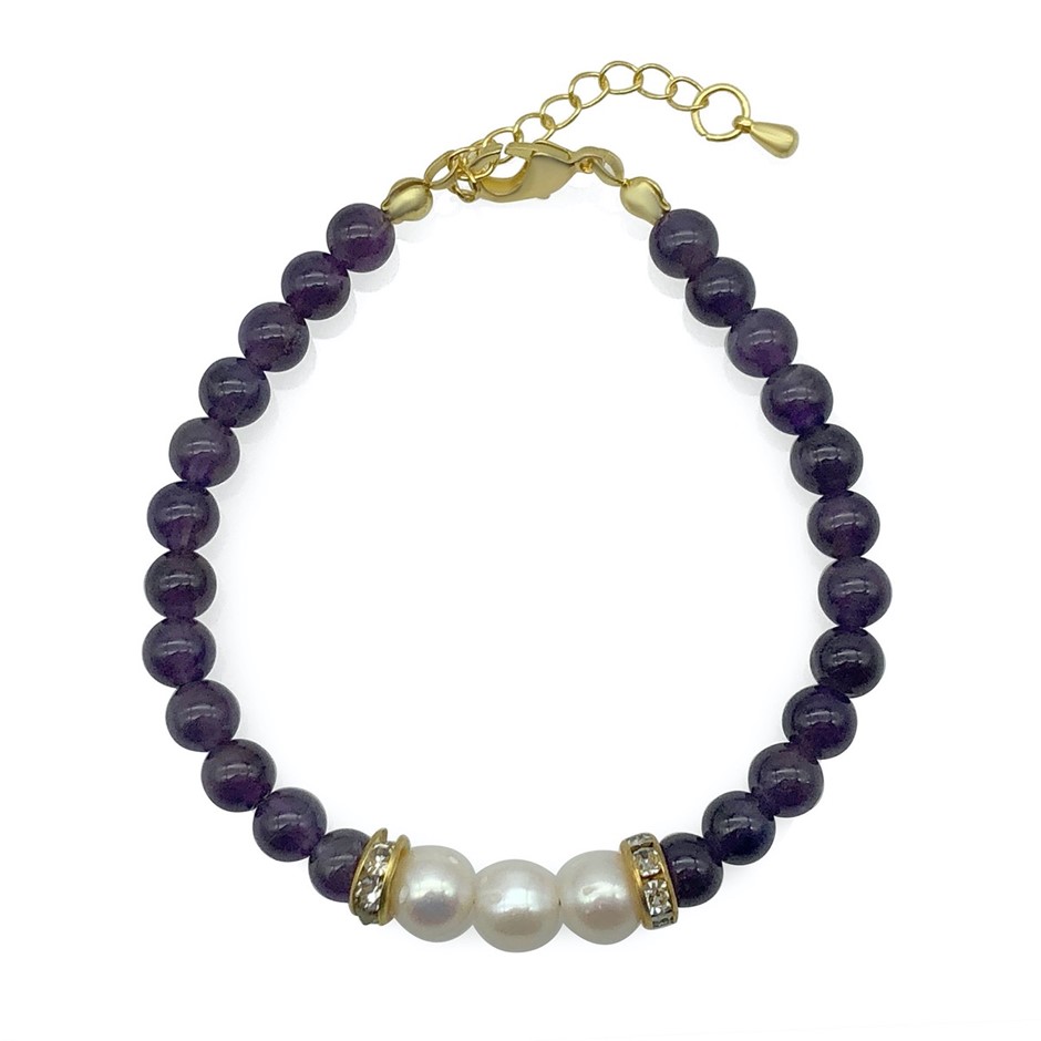 7-8mm Pearl & Amethyst with Real 18k Gold Plated Bracelet