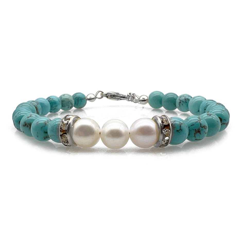7-8mm Pearl & Turquoise with Real Platinum Plated Bracelet