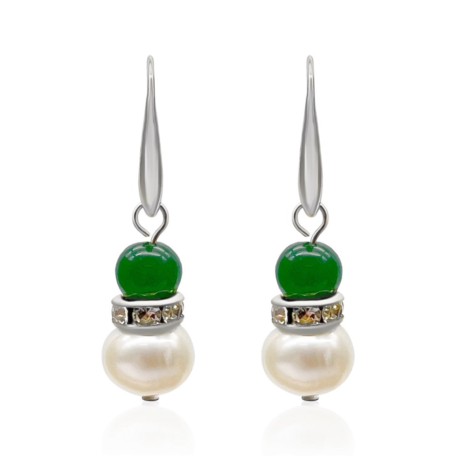 Green Aventurine & Freshwater Pearl Platinum Plated Drop Earrings