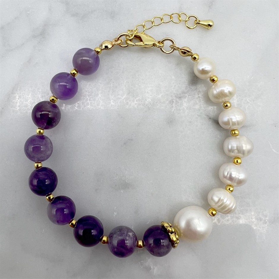 & Baroque Pearls with Amethyst 18k Gold Plated Bracelet