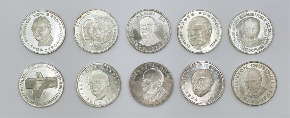 Approx. 10 x Asstd Thaler of Europe Silver Coins, c.1954-75